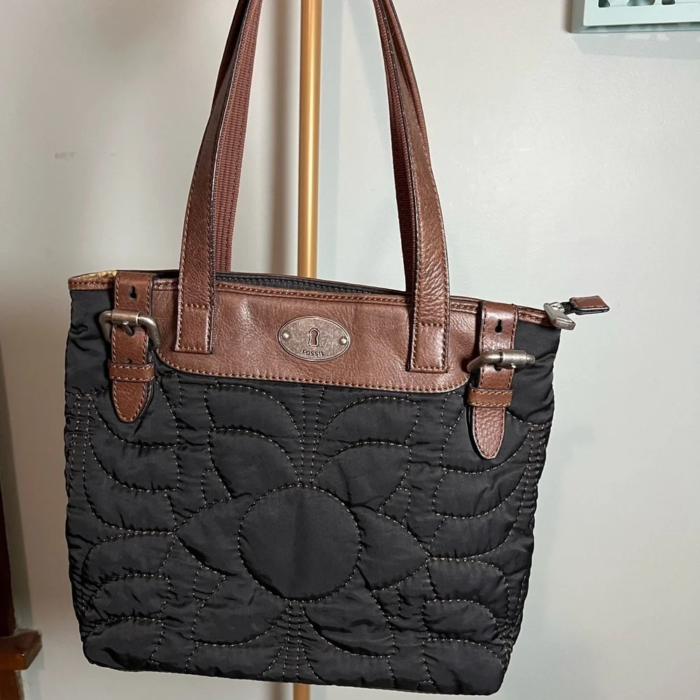 Fossil Black and Brown Quilted Tote with Leather Accents